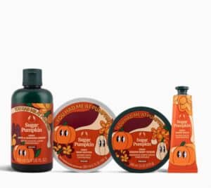 Sugar pumpkin themed skincare products and body care set.